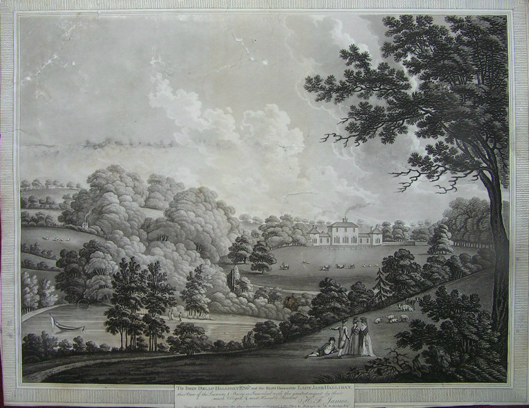 Aquatint - To John Delap Halliday Esqr. and the Right Honorable Lady Jane Halliday, this view of the Leasowes & Priory is Inscribed with the greatest respect by their much Obliged & Most Humble Servant H. F. James. - Stadler
